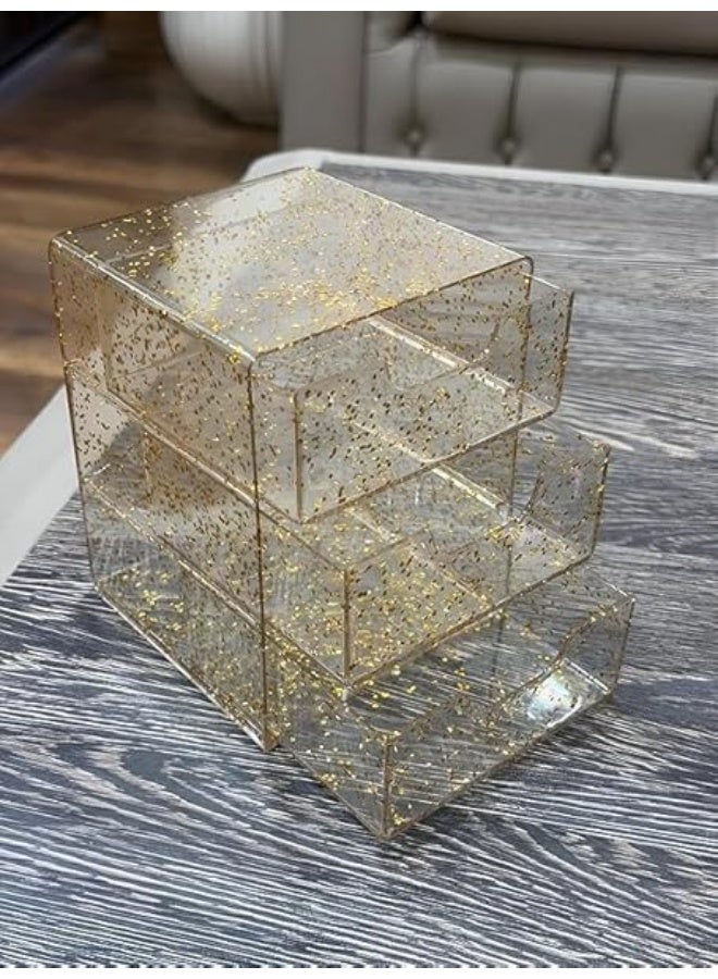 منظم درج فاخر متعدد الاستخدامات مصنوع من الأكريليك الذهبي اللامع بثلاثة أدوار عملية مصمم خصيصًا لترتيب السلاسل والخواتم والتوك وبنس الشعر والأغراض الشخصية الصغيرة(Elc) - Image 4